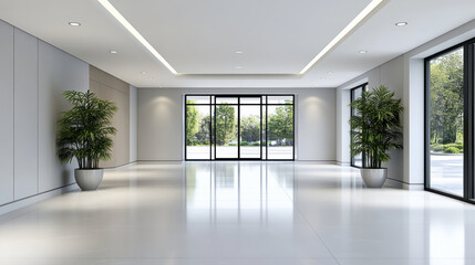 Modern hospital administration office lobby with glass wall and potted plants creating calm