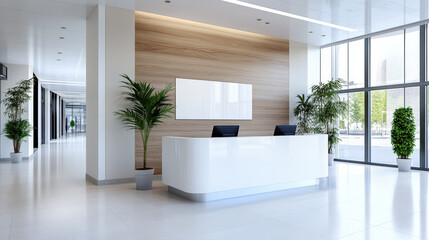 Fototapeta premium Modern hospital reception desk with clean white counter, wood accent wall and plants