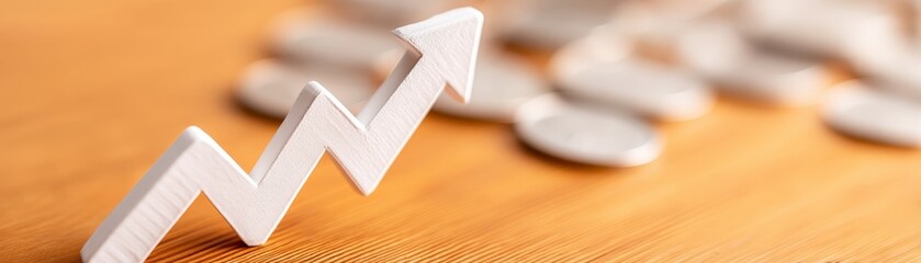 ESG Financial Forecast Insights, A stylized upward arrow on a wooden surface, symbolizing growth, with blurred circular objects in the background.