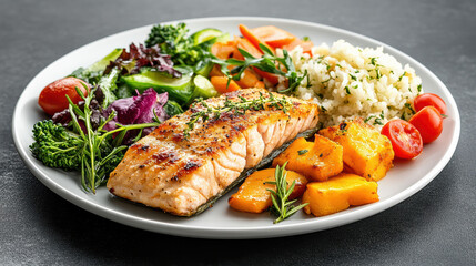 Grilled salmon fillet with rice, roasted squash and fresh mixed salad, appetizing and healthy