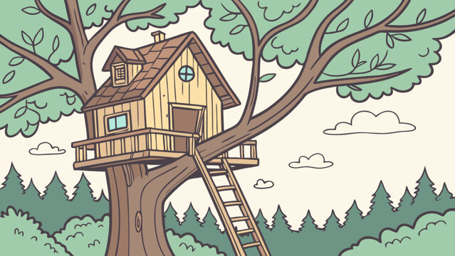 Explore a whimsical treehouse drawing illustration for kids and adventure seekers with a ladder and forest view