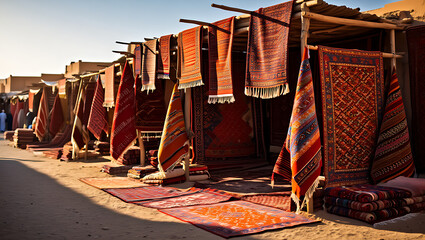 A traditional souk with a long row of shops displaying colorful, handwoven rugs and carpets.