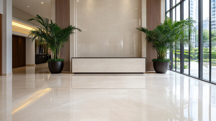 Obraz premium Luxury hotel lobby polished stone floor natural light serene ambiance