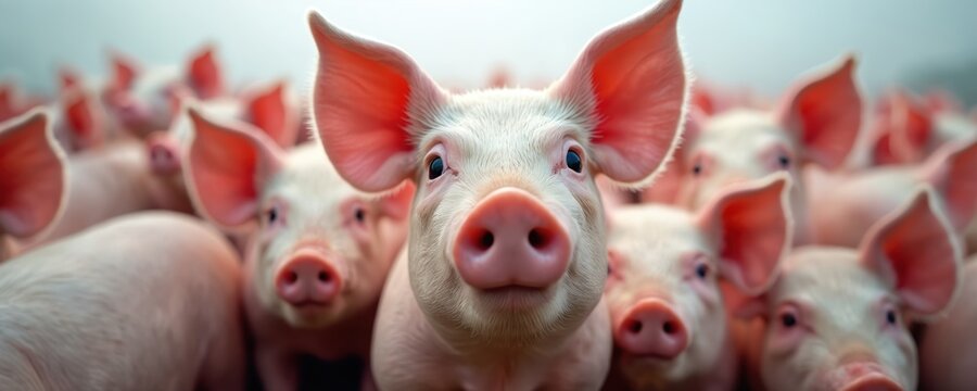 Group of pink pigs clustered together in farm pen. Young swine with big ears look directly at camera. Rural animal livestock farming close-up portrait.