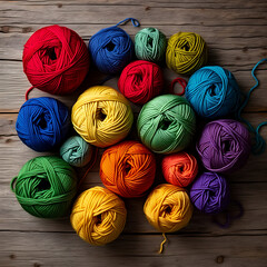 A beautiful, top-down flat lay of colorful yarn balls arranged on a rustic wooden surface.