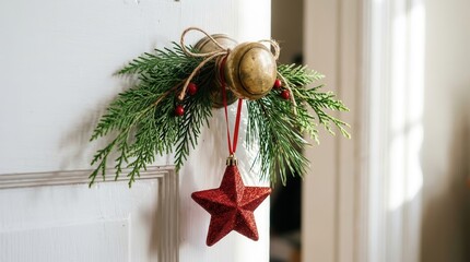 Minimalist Christmas door decoration with evergreen sprig and red star ornament