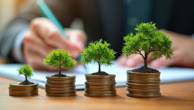 Miniature trees grow on stacked coins, symbolizing financial growth, investment. Hand in background writes on document, suggesting planning, strategy for future prosperity, business development.
