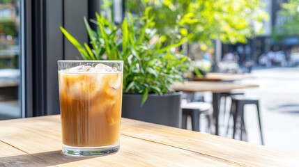 Iced americano glass iced coffee outdoor city vibe refreshing drink in sunlight
