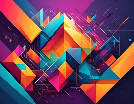 Colorful geometric abstraction with overlapping triangles and lines on a purple backdrop