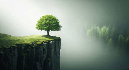 Solitary vibrant green tree standing on the edge of a high rocky cliff overlooking a misty abyss, symbolizing resilience and hope in a dramatic atmospheric landscape