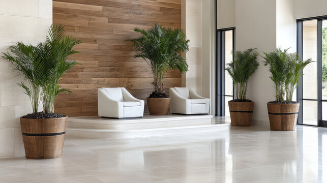 Indoor lobby with potted palm plants and modern seating creating calming natural atmosphere - Powered by Adobe
