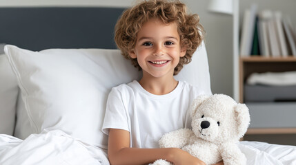 Smiling child in bed hugging white teddy bear, cozy morning warmth and proud moment