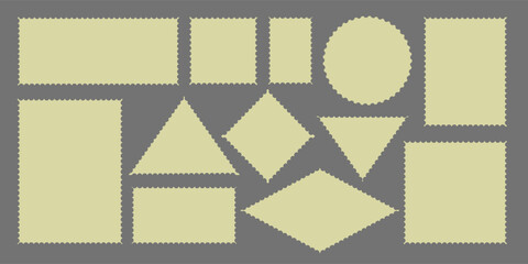 Collection of vintage postage stamp frames with perforated edges on a dark background. Blank square and rectangular templates perfect for postcards, letters, photo frames, and design projects.