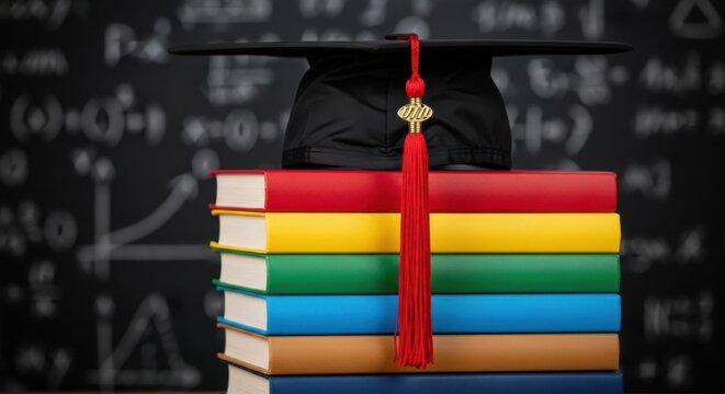 Brightly colored books stacked with a graduation cap on top against a black chalkboard filled with math equations