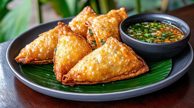 Crispy golden fried triangular pastry with savory filling served with tangy dipping sauce
