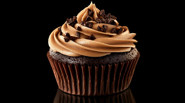 Delicious chocolate cupcake with mocha frosting and chocolate chips for dessert menus, bakery promotions and sweet indulgence cravings ready for a tasty indulgence