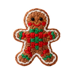 Multicolored gingerbread man made from hand knitted yarn on white