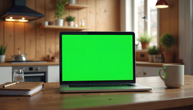Laptop with green screen sits on wooden kitchen table beside notebook and mug. Cozy home office setup. Natural light shines on workspace with plants.