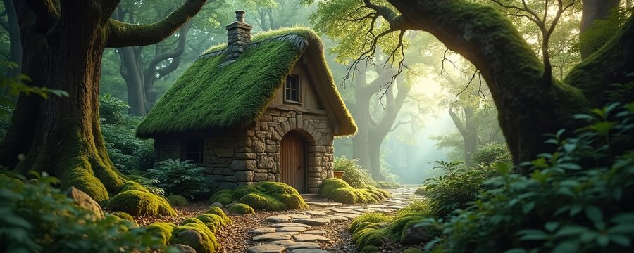 Small moss-covered stone cottage nestled deep within enchanted forest. Stone path leads to arched wooden door, surrounded by lush green foliage and ancient trees. Sunbeams filter through misty canopy. - Powered by Adobe