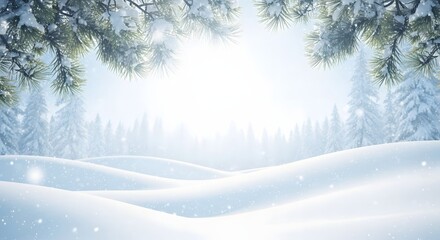 Winter wonderland snow covered landscape with trees and bright sunlight