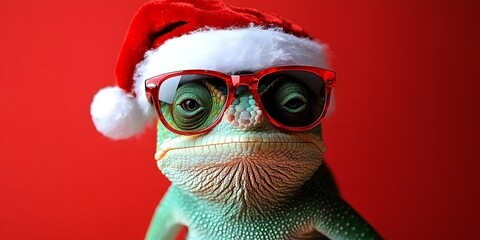 Cute chameleon wearing santa hat and red glasses against a plain red background
