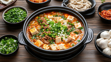 Spicy kimchi stew with tofu pork and scallion garnish in hot pot, savory and comforting