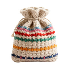 Colorful handmade yarn gift bag on transparent background