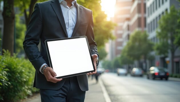 Man in suit shows blank tablet outdoors. Businessman holds digital device for mockup. Executive uses portable pc with empty screen. Urban background with buildings trees cars on street.