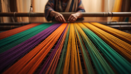 A close-up of a loom with a vibrant, multi-colored tapestry of threads being woven.