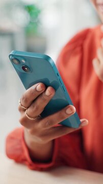 Phone, hands and businesswoman in office with networking, communication or contact with email. Technology, scrolling and female creative editor with cellphone for texting on mobile app in workplace.