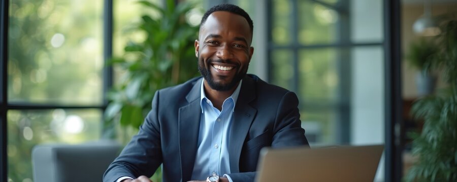 Smiling man in suit with laptop in modern office. Professional consults clients virtually. Discusses finance options, offers guidance and support with remote team. Man works in bright workspace.