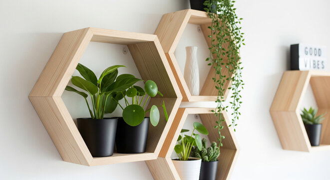 Modern wooden hexagon wall shelves filled with green potted houseplants and decor on a white wall, minimalist Scandinavian interior design with good vibes