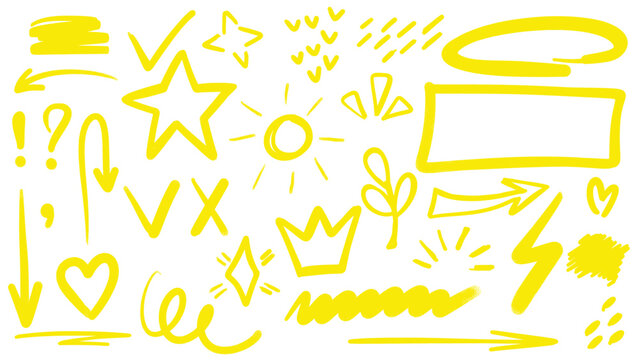 Set of neon yellow marker drawings in doodle sketch style. Simple hand drawn symbols for note taking, diary and blog post design. Vector elements