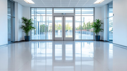 Spacious modern lobby with glass doors and potted plants reflecting on polished floor