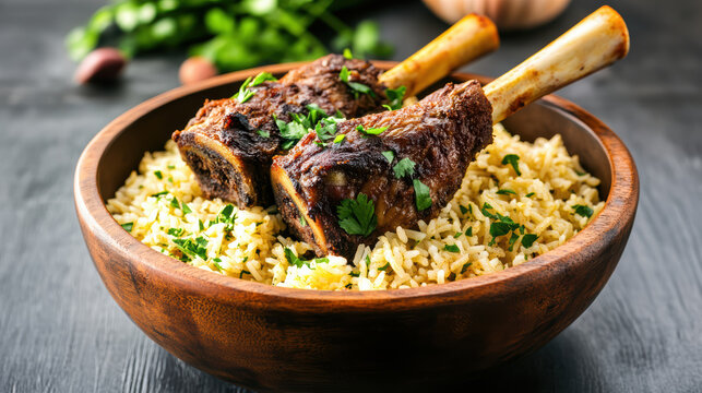 Lamb shank saffron rice slow cooked savory and aromatic with fresh parsley garnish - Powered by Adobe
