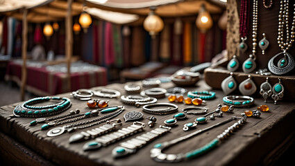 A market stall displays a wide variety of handmade jewelry with silver and turquoise stones.