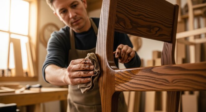 Man applying wood finish to handcrafted wooden chair in workshop on a bright day - Powered by Adobe