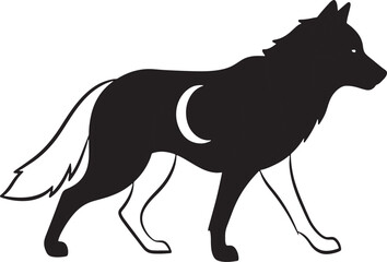 Black and white minimalist wolf silhouette with crescent moon symbol vector illustration