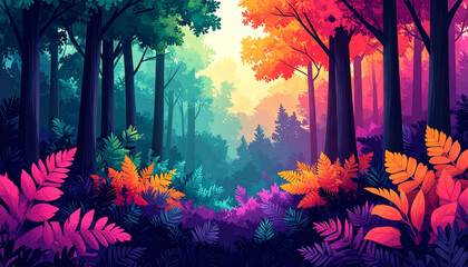 Fototapeta premium Dreamlike forest escape enchanted woodland digital art vibrant nature surreal landscape mystical viewpoint