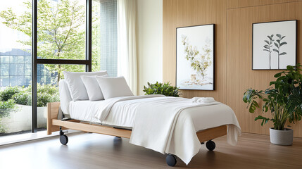 Fototapeta premium Neutral white bed with soft linens and peaceful morning light in modern room