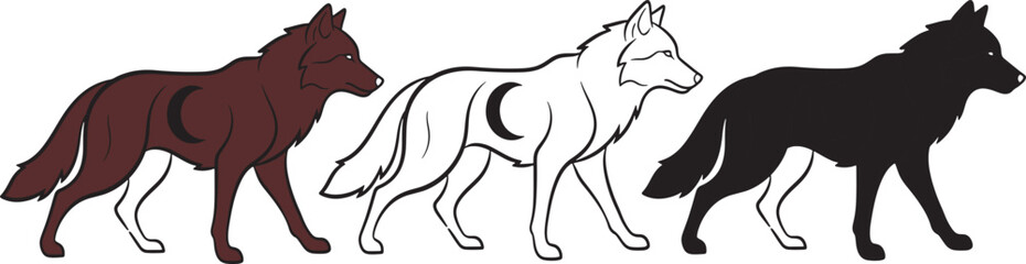 Minimal vector wolves trio with crescent moon symbol, brown white and black silhouette design
