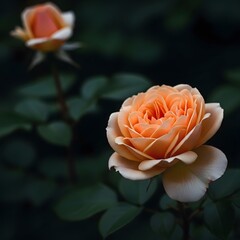 Close up of peach colored rose in garden with dark background
