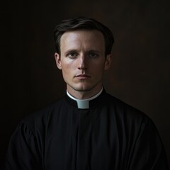 A portrait of a young man in a black clerical robe, standing against a dark, textured background.