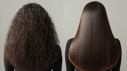 Woman with long, straight, shiny brown hair, standing in front of a white background.