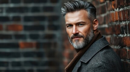 A man with gray hair and a beard, wearing a gray coat, standing in front of a brick wall.