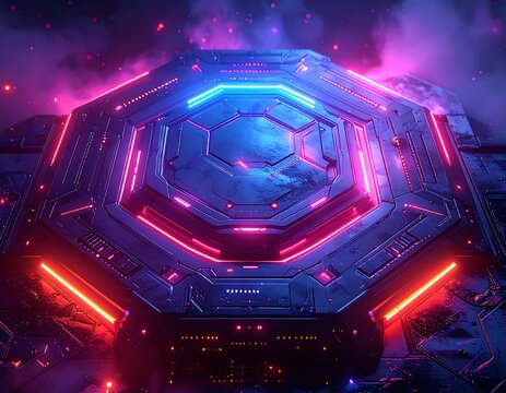 Futuristic, geometric structure radiates neon light in a vibrant, otherworldly environment. Surrounded by atmospheric, colored fog