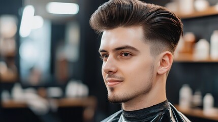 A young man with a stylish haircut, wearing a black t-shirt, sitting in a barber chair with a mirror in the background.