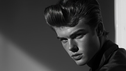 A young man with slicked-back hair, wearing a black turtleneck, standing in front of a window with sunlight streaming in, looking off to the side with a serious expression.