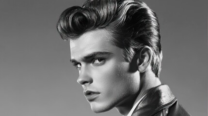 A young man with a stylish haircut, wearing a leather jacket, standing in front of a black and white background.