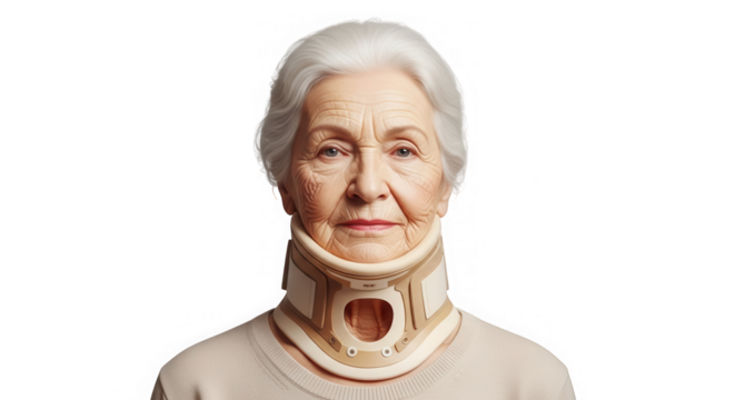 Elderly woman wearing cervical collar looking at camera isolated on transparent background